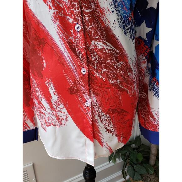 Women's Button Down Shirt XL Red & White Polyester Long Sleeve Stretch Collared - Picture 8 of 11